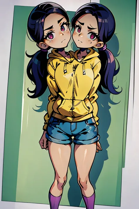 conjoined, 2heads, girl with two heads instead of one, 2head, cuerpo curvilineo, brazos curvilineos, usando shorts, ropa abrigada, piernas curvilineas, anime cartoon, using a purple hoodie, each head has a ponytail, anatomia proporcionada, torso ancho, pec...