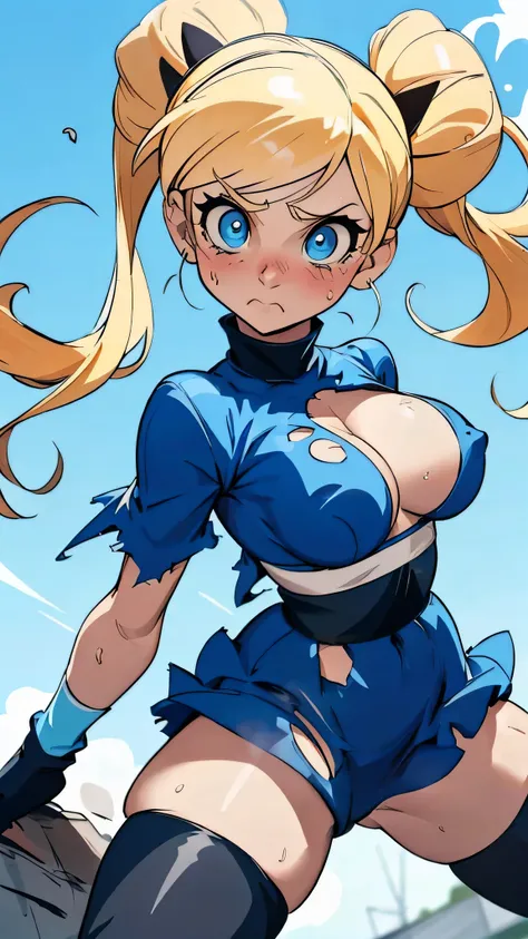 Bubbles from Powerpuff Girls as a Violent Mature Themed Action Anime, blonde pigtails:1.4, ecchi battle damage and wear, Damaged and Ripped clothes, large bouncy breasts:1.2, blue and black clothes, nsfw rips in clothes