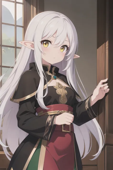 Beautiful Female long hair, elf, white hair,yellow eyes