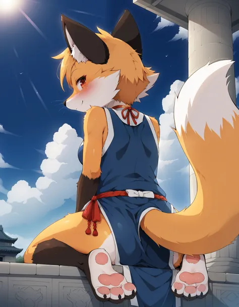 furry female, solo, dagasi_style,, furry, temple, fox girl, sitting, low view, from behind, soles at spectator, showing soles, g...