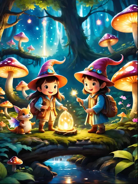 cute illustrations,children having adventures in the magical forest。wood々while running between、play with strange creatures with ...