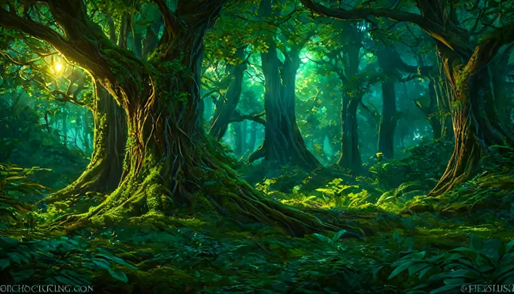 (anime, fantasy), (best quality, high resolution, depth of filed, hdr:1.2), (a majestic ancient elven forest, dense ancient tree...