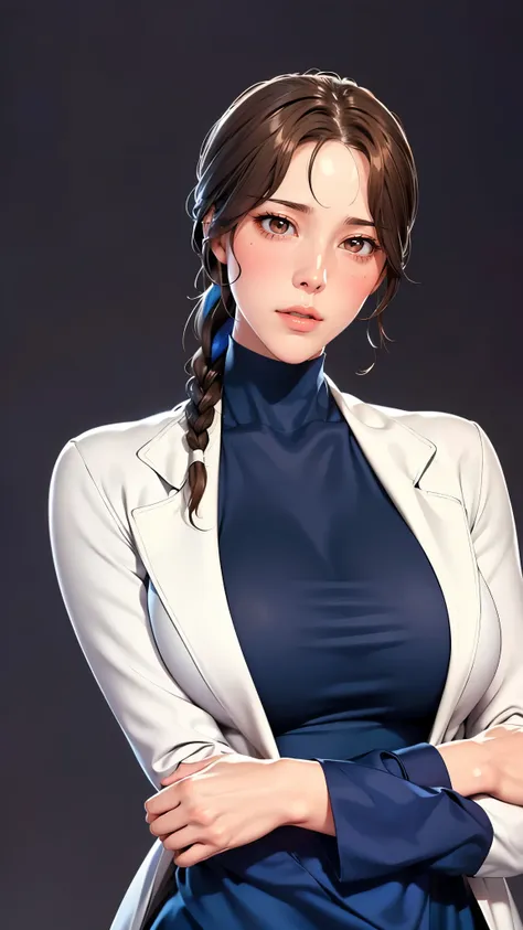 （（（完美number，number，Solitary， White and tender skin，（（（Cyberpunk，Blue Dress，White loose coat，Long-sleeved coat，））），（（（brown eyes, braid, long hair, braided ponytail, single braid, hair over shoulder, bangs, blush, lips)),high resolution, ((Best quality at b...