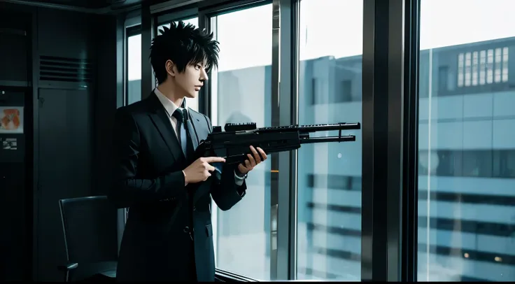 art style in the style of psycho pass, dominator gun, anime, kogami, wielding dominator gun, metro, window with light