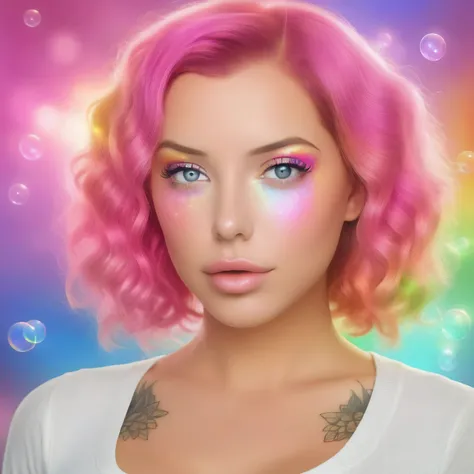 (This is a beautiful rainbow fantasy image that feels interesting and emphasizes glitter and iridescence.) Generate a ((blind)) curvy woman with colorful curly hair and milky white eyes. Her face is important and is perfectly formed with puffy lips and per...