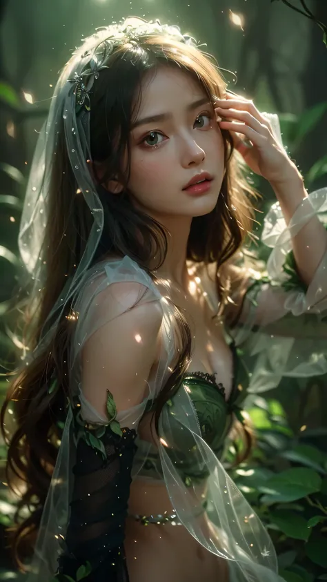 8k, very highly detailed, close-up portrait of a beautiful anime-style girl wearing a semi-transparent veil, beautiful green veil, extremely detailed hair, eyes and face, beautiful detailed lips, longeyelashes, delicate facial features, sweet expression, b...