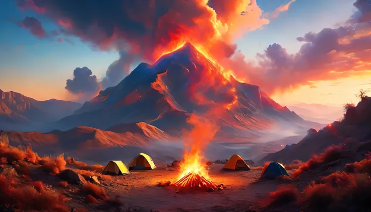 arafed, a picture of a camping (tent: 1.2) and small (campfire: 1,2), on a desert mountaintop, its sunset the sky are in various shades of  (red: 1.1), (orange: 1.1), (azure: 1.1) (purple:1.1) there is smoke rising from the fire camp, there is a magnificen...