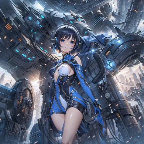 (masterpiece、highest quality、Highest Resolution、Clear_image、Detailed details、Angle from above): (Whole body、One 20 year old girl、Japanese Faces、Small Face、Slender、Navy blue super short bob cut hair、(Hidden small breasts:1.3)、Sparkling blue eyes、Shiny pilot...