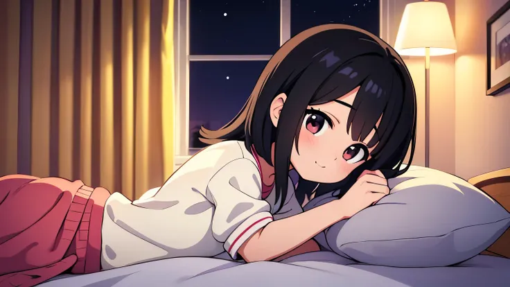 masterpiece, best quality, extremely detailed, anime,teenage girl,Casual Clothing,night,room,looking away,bed,Cheerful,black hair,medium hair,from side