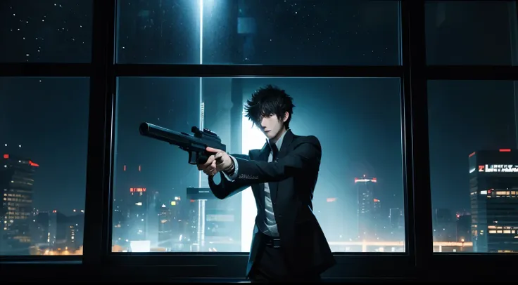 art style in the style of psycho pass, dominator gun, anime, kogami, wielding dominator gun, dark metro, window with light, night time