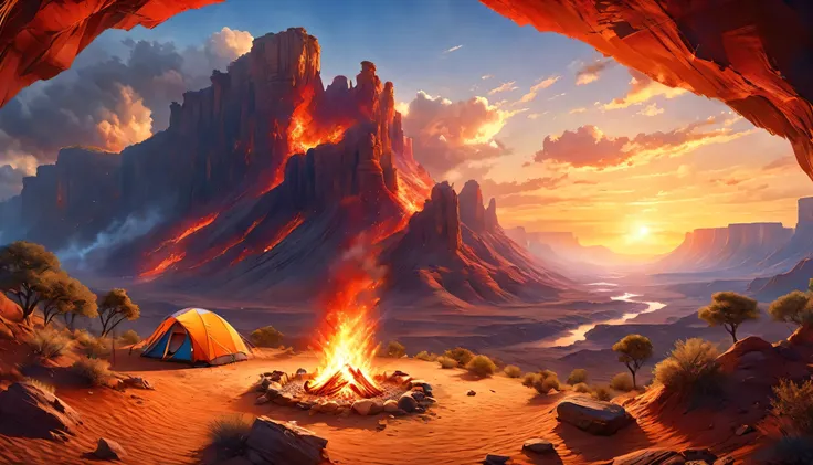 arafed, a picture of a camping (tent: 1.2) and small (campfire: 1,2), on a desert mountaintop, its sunset the sky are in various...