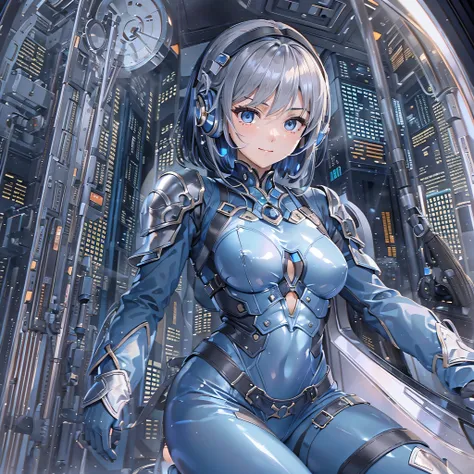 (masterpiece、highest quality、Highest Resolution、Clear_image、Detailed details、Angle from above): (Whole body、One 20 year old girl、Japanese Faces、Small Face、Slender、Navy blue super short bob cut hair、(Hidden small breasts:1.3)、Sparkling blue eyes、Shiny pilot...