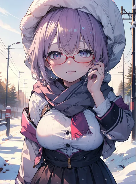 akaneshinjou, shinjou akane, Light purple hair, (Pink Eyes:1.2), short hair,Akagi Glasses,hair band,,White Breath,Big Breasts,Purple coat,White sweater,happy smile, smile, Open your mouth,Black long skirt,Red scarf,Knitted hat,Daytime,cloudy,snow,snowが降り積も...