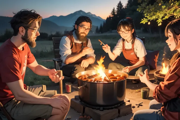 (yossan), Glasses, beard, Outdoor Camping, campsite, Food Preparation, Fresh ingredients, Outdoor Cooking, Bonfire, cooking, nature, landscape, wild, fun, activity, family, fresh, cooking, pot, grill, Dutch Oven, roast, barbecue, flavorful, evening, warm, ...