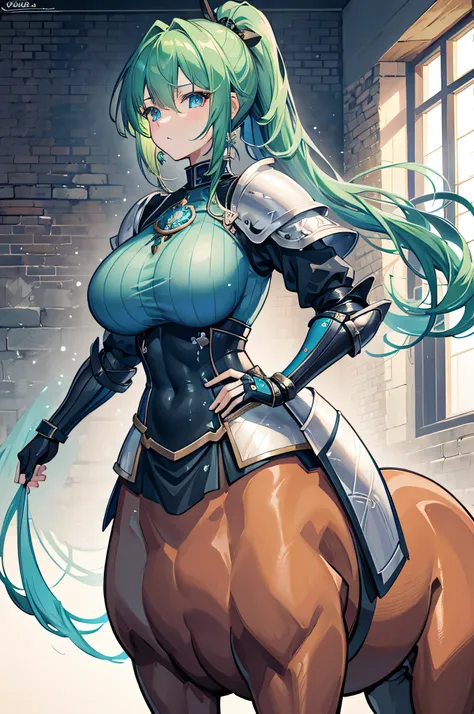 4k,high resolution,one woman,centaur,green hair,short ponytail,blue eyes,big breasts,knight,knight&#39;s armor,full armor,heavy ...