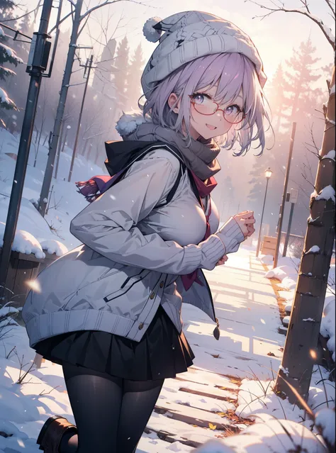 akaneshinjou, shinjou akane, Light purple hair, (Pink Eyes:1.2), short hair,Akagi Glasses,hair band,,White Breath,Big Breasts,Purple coat,White sweater,happy smile, smile, Open your mouth,Black long skirt,Gray pantyhose,Red scarf,short boots,Knitted hat,Da...