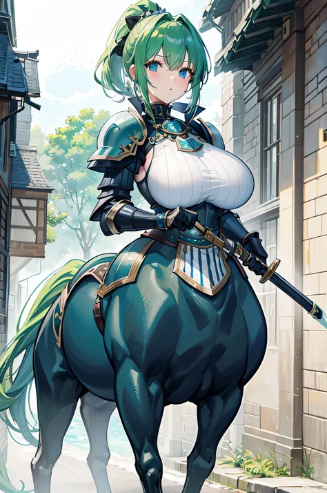 4k,High resolution,One Woman,Centaur,Green Hair,Short Ponytail,Blue Eyes,Big Breasts,knight,Knight&#39;s Armor,Full Armor,Heavy Armor,Jewelry decoration,Long sword,Medieval village