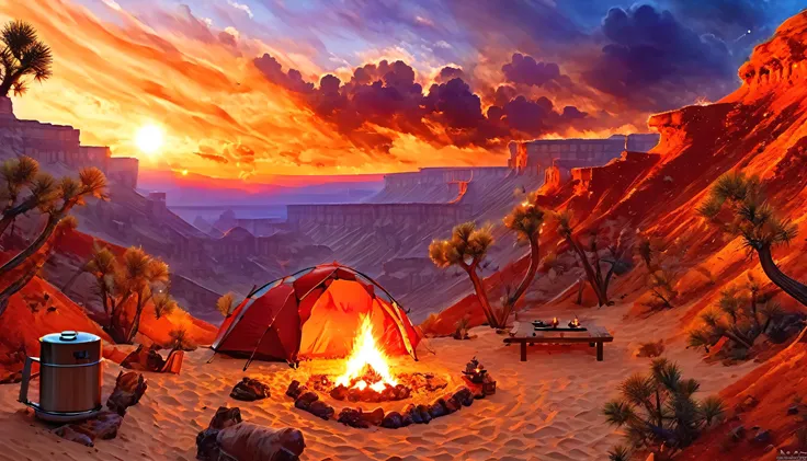 arafed, a picture of a camping (tent: 1.2) and small (campfire: 1.3), on a desert mountaintop, its sunset the sky are in various shades of  (red: 1.1), (orange: 1.1), (azure: 1.1) (purple:1.1) there is smoke rising from the fire camp, there is a magnificen...