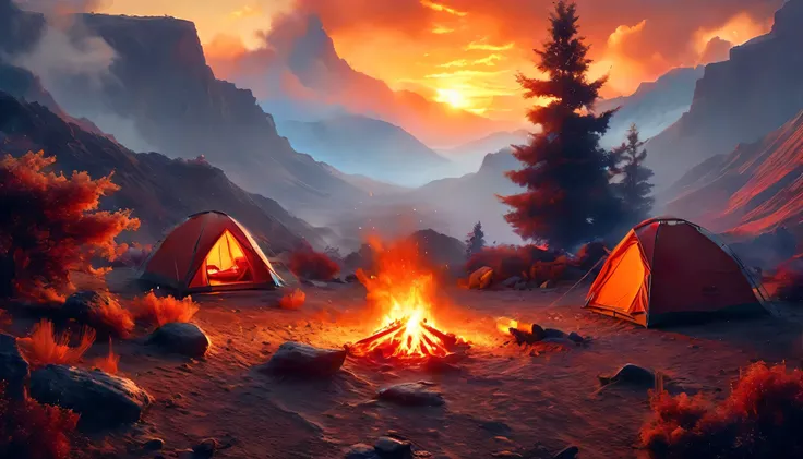 arafed, a picture of a camping (tent: 1.2) and small (campfire: 1.3), on a desert mountaintop, its sunset the sky are in various shades of  (red: 1.1), (orange: 1.1), (azure: 1.1) (purple:1.1) there is smoke rising from the fire camp, there is a magnificen...