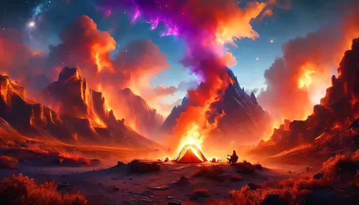 arafed, a picture of a camping (tent: 1.2) and small (campfire: 1.3), on a desert mountaintop, its sunset the sky are in various shades of  (red: 1.1), (orange: 1.1), (azure: 1.1) (purple:1.1) there is smoke rising from the fire camp, there is a magnificen...