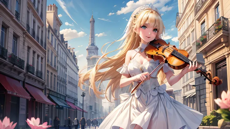 one girl, ((high quality)),((masterpiece)), elegant clothes, fairy　,  white skin　, avatar girl, blond messy hair,　city, paris, c...