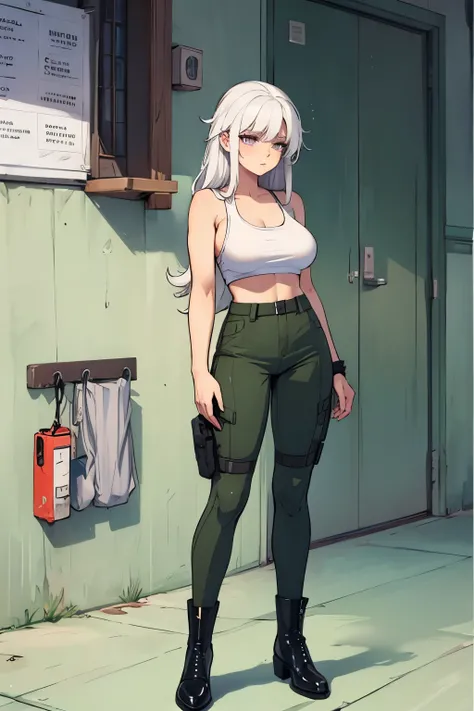 green solid background, 1 woman, best quality, ultra high res, long hair, white hair, purple eyes, military pants, tank top, sleepy at viewers, double D breast, standing, full body