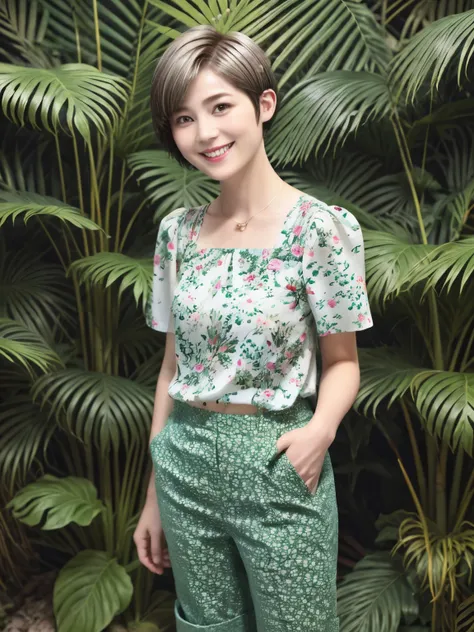 231 (18-year-old female,floral clothes), ((short hair:1.46)), (pants style), (a kind smile), (jungle pattern)