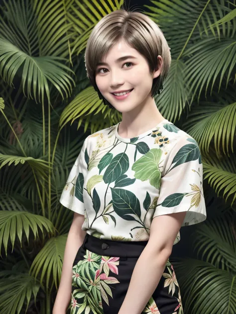 231 (18-year-old female,floral clothes), ((short hair:1.46)), (pants style), (a kind smile), (jungle pattern)