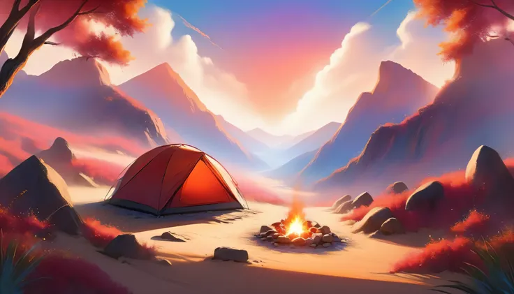 arafed, a picture of a camping (tent: 1.2) and small (campfire: 1.3) ((near)) the tent, on a desert mountaintop, its sunset the sky are in various shades of  (red: 1.1), (orange: 1.1), (azure: 1.1) (purple:1.1) there is smoke rising from the fire camp, the...