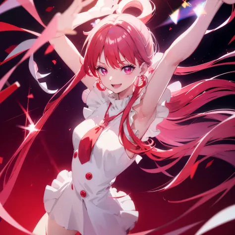 red and white hair　idol floating notes in the sky　pendant　shiny earrings　flowing hair　bathed in light　open your mouth　smile　hold...