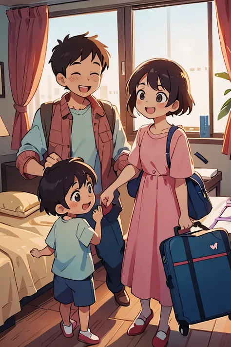 A happy family opening their carry-on bags in a hotel room