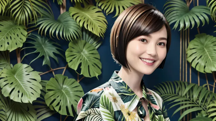 231 (18-year-old female,floral clothes), ((short hair:1.46)), (pants style), (a kind smile), (jungle pattern)