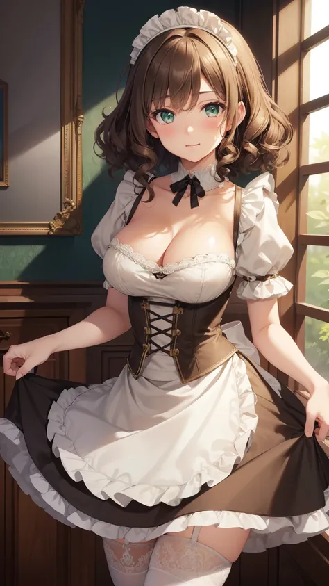 green eyes, brown hair, curly hair, masterpiece, best quality, high resolution, beautiful detailed eyes, extremely detailed face, good lighting, detailed CG, short messy hair, light smile, large breasts, skinny, maid, short puffy sleeves, small maid skirt,...