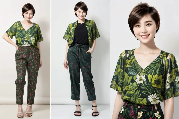 231 (18-year-old female,floral clothes), ((short hair:1.46)), (pants style), (a kind smile), (jungle pattern)