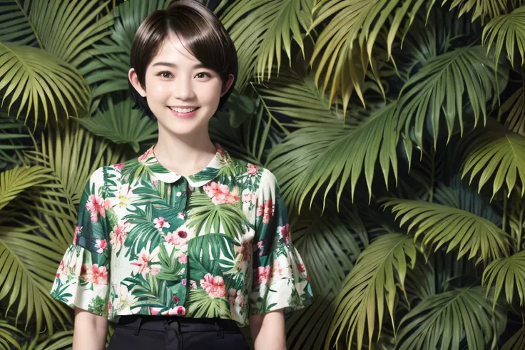 231 (18-year-old female,floral clothes), ((short hair:1.46)), (pants style), (a kind smile), (jungle pattern)