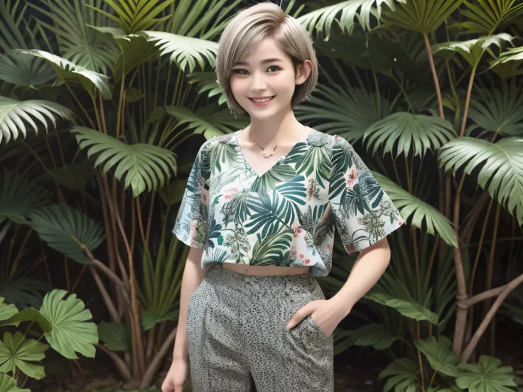 231 (18-year-old female,floral clothes), ((short hair:1.46)), (pants style), (a kind smile), (jungle pattern)