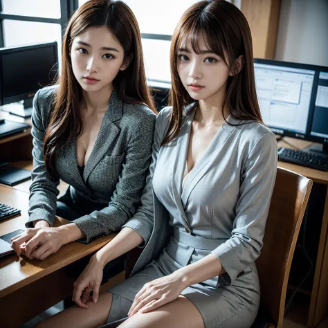 suit,2 lady,realistic,(ultra quality:1.2),japanese,high quality,masterpiece,(ultra detailed:1.4),japanese lady,beautiful face,(V-neck skirt-suit:1.1),((office)),slender,highres,