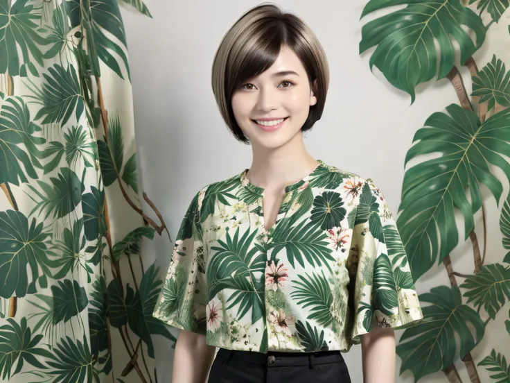 231 (18-year-old female,floral clothes), ((short hair:1.46)), (pants style), (a kind smile), (jungle pattern)