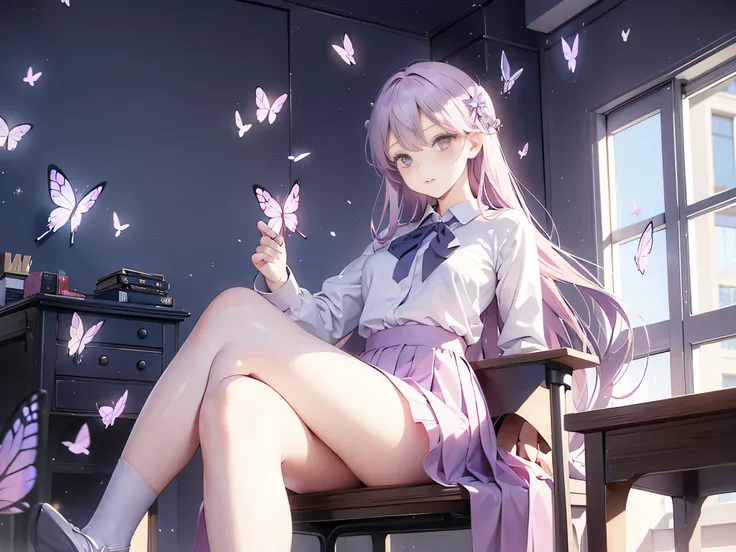 Royal sister，Purple gray long hair，Pink transparent school uniform，Sitting in the classroom with legs crossed,，A group of butterflies are flying around，Shiny brown stockings