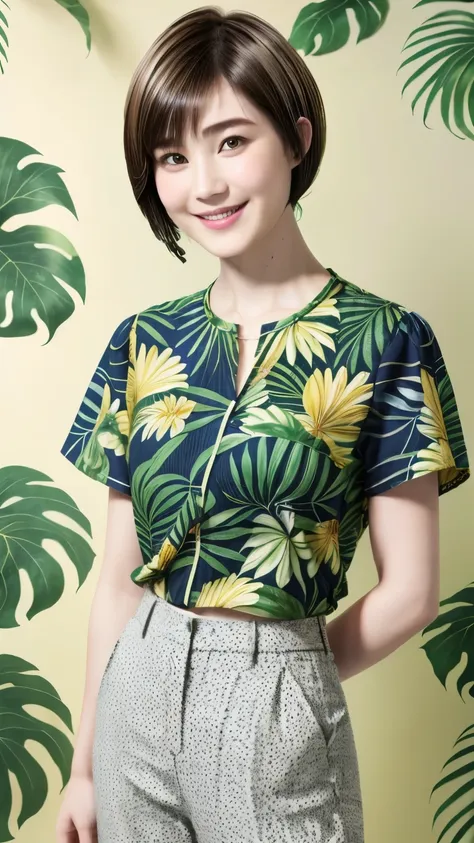 231 (18-year-old female,floral clothes), ((short hair:1.46)), (pants style), (a kind smile), (jungle pattern)