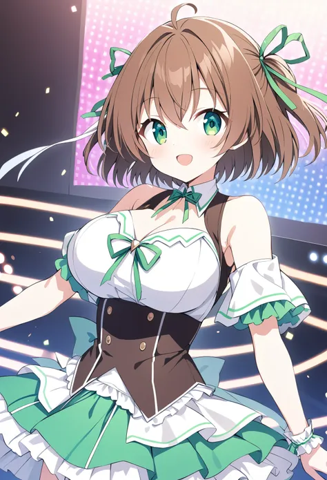 asakuranemu, brown hair, short hair, ribbon, green eyes, , large breasts, live stage, solo,