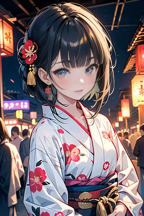 ♥(Japanese beautiful flower printed kimono,yukata),((1girl,cute,young,semi long beautiful black hair,blunt bangs,twin tales,beautiful eyes)),(solo),((masterpiece, highest resolution,best quality)), (beautiful illustration),(Japanese beautiful flower printe...