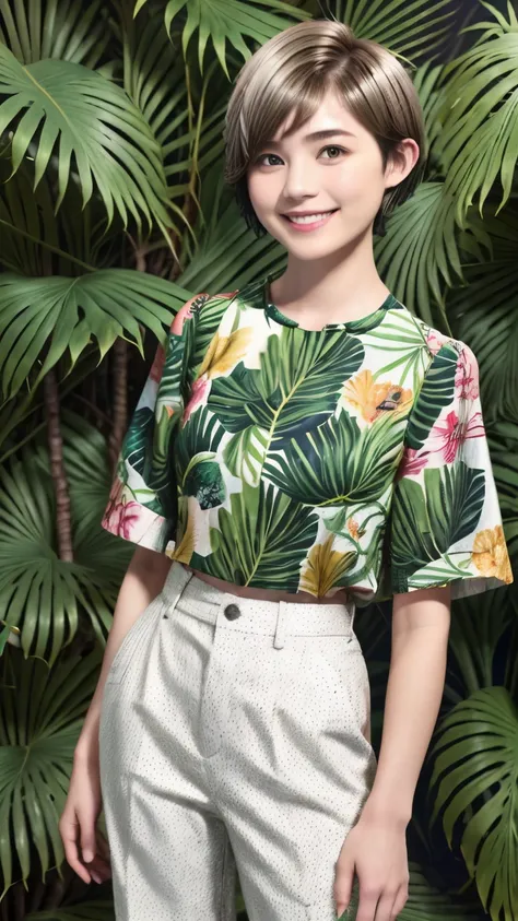 231 (18-year-old female,floral clothes), ((short hair:1.46)), (pants style), (a kind smile), (jungle pattern)