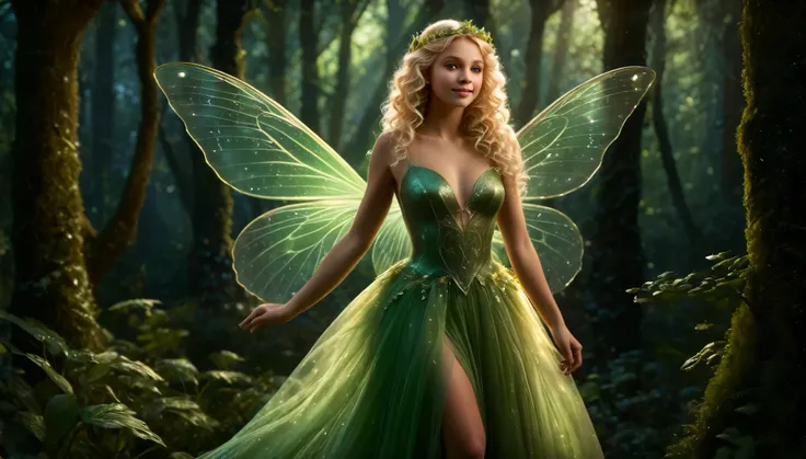 A photorealistic rendering of a beautiful fairy with translucent, glowing wings, wings fluttering flying threw an enchanted forest. She has light blonde curls and wears a green, shimmery dress. The background is dark and mystical with hints of an old struc...