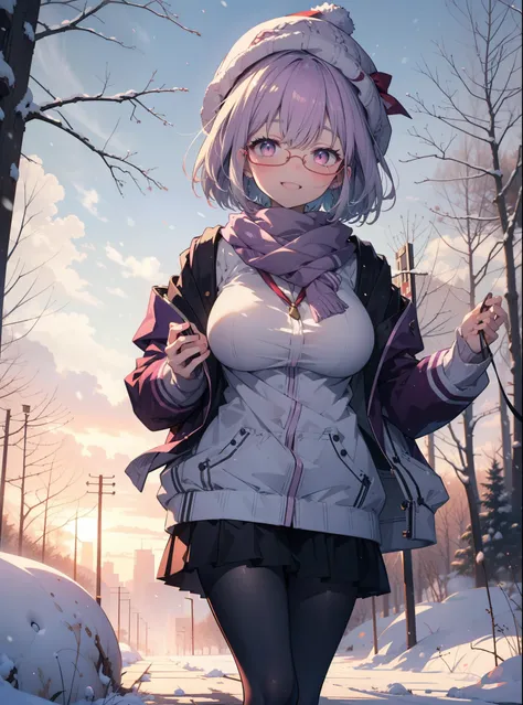 akaneshinjou, shinjou akane, Light purple hair, (Pink Eyes:1.2), short hair,Akagi Glasses,hair band,,White Breath,Big Breasts,Purple coat,White sweater,happy smile, smile, Open your mouth,Black long skirt,Gray pantyhose,Red scarf,short boots,Knitted hat,Da...