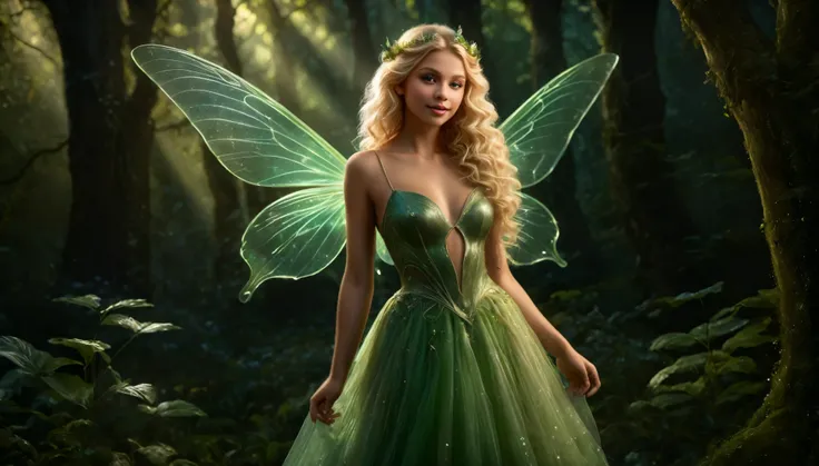 A photorealistic rendering of a beautiful fairy with translucent, glowing wings, wings fluttering flying threw an enchanted forest. She has light blonde curls and wears a green, shimmery dress. The background is dark and mystical with hints of an old struc...