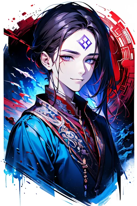 ((Male, around 18 years old:1.2)),(extremely detailed 8K wallpaper),(ultra-detailed),(best quality),(masterpiece),(highly detailed),(cinematic lighting),(Original),Cold ligh，moody,(Chinese elaborate-style painting ),ink style,32K depth of field,solo,((bust...