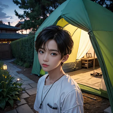 boy camping in his garden at night、tent、residential street、detailed face、beautiful eyes、detailed clothing、warm lighting、cozy atm...