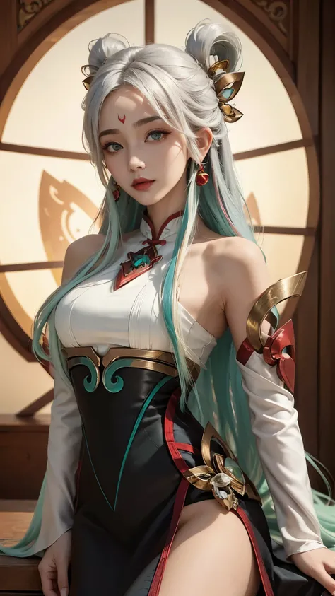 (masterpiece, best quality:1.2), intricate details, mythmaker irelia, 1girl, hair ornament, hair rings, bare shoulders, dress, detached sleeves, forehead mark, multicolored hair, white hair, earrings, green eyes, textured skin, looking at viewer, solo, lig...