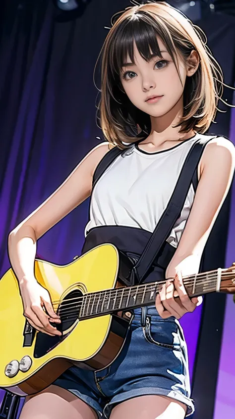 1 A girl playing guitar on the stage, Vest，Concert photos,the guitar player, music performance，lighting，, ((15 year old girl, Slim, Thin waist, Thin thighs, Thin arms))